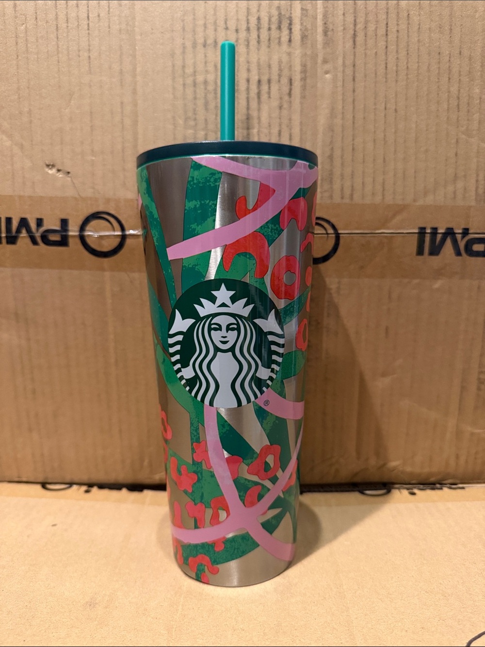 Starbucks Green & Pink Floral Stainless Tumbler with Teal Straw